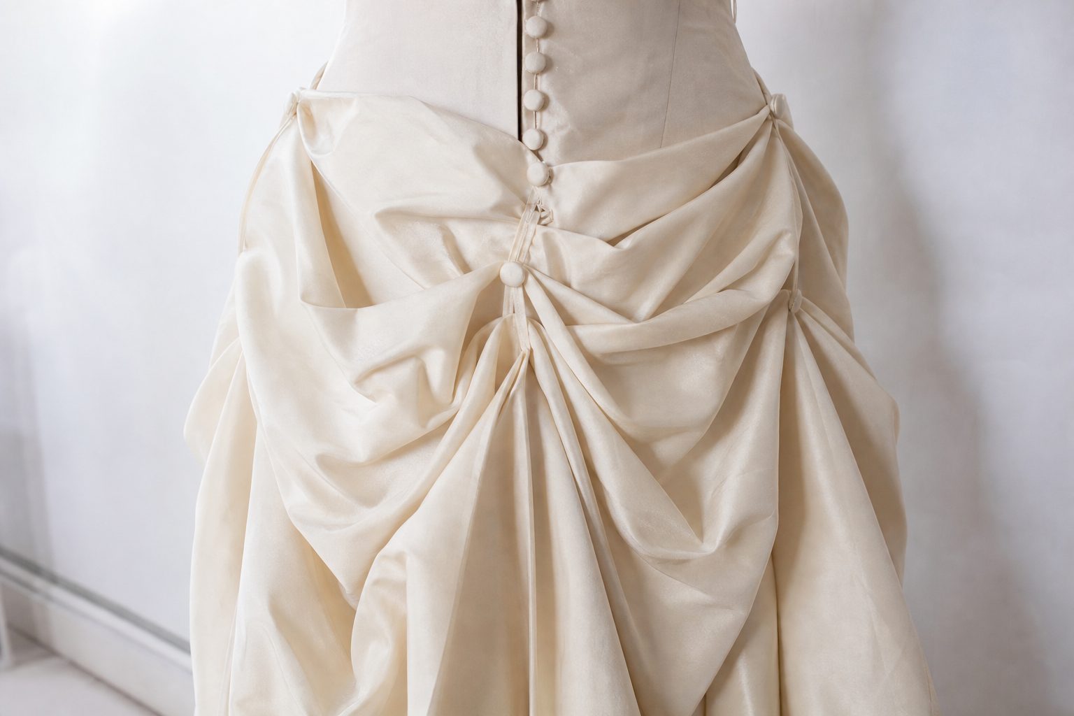 The gathered bustle on the back of an ivory gown train with hand stitched loops and buttons