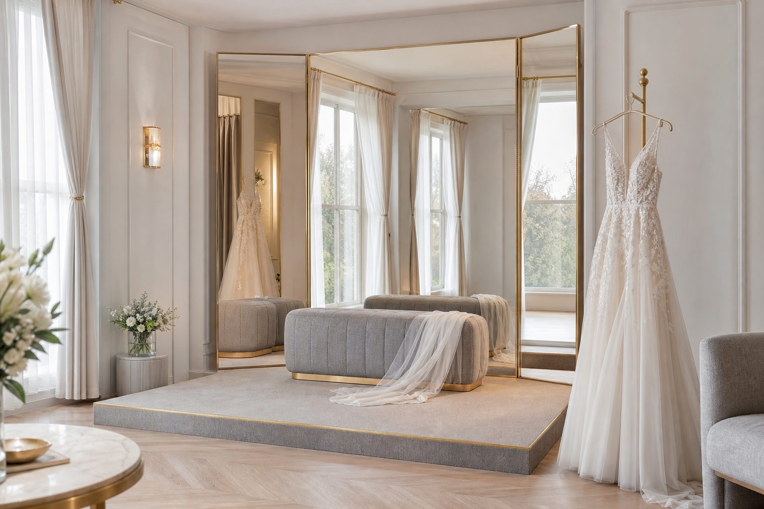 A bright bridal fitting room with mirrors, a raised platform and an ivory gown on a stand