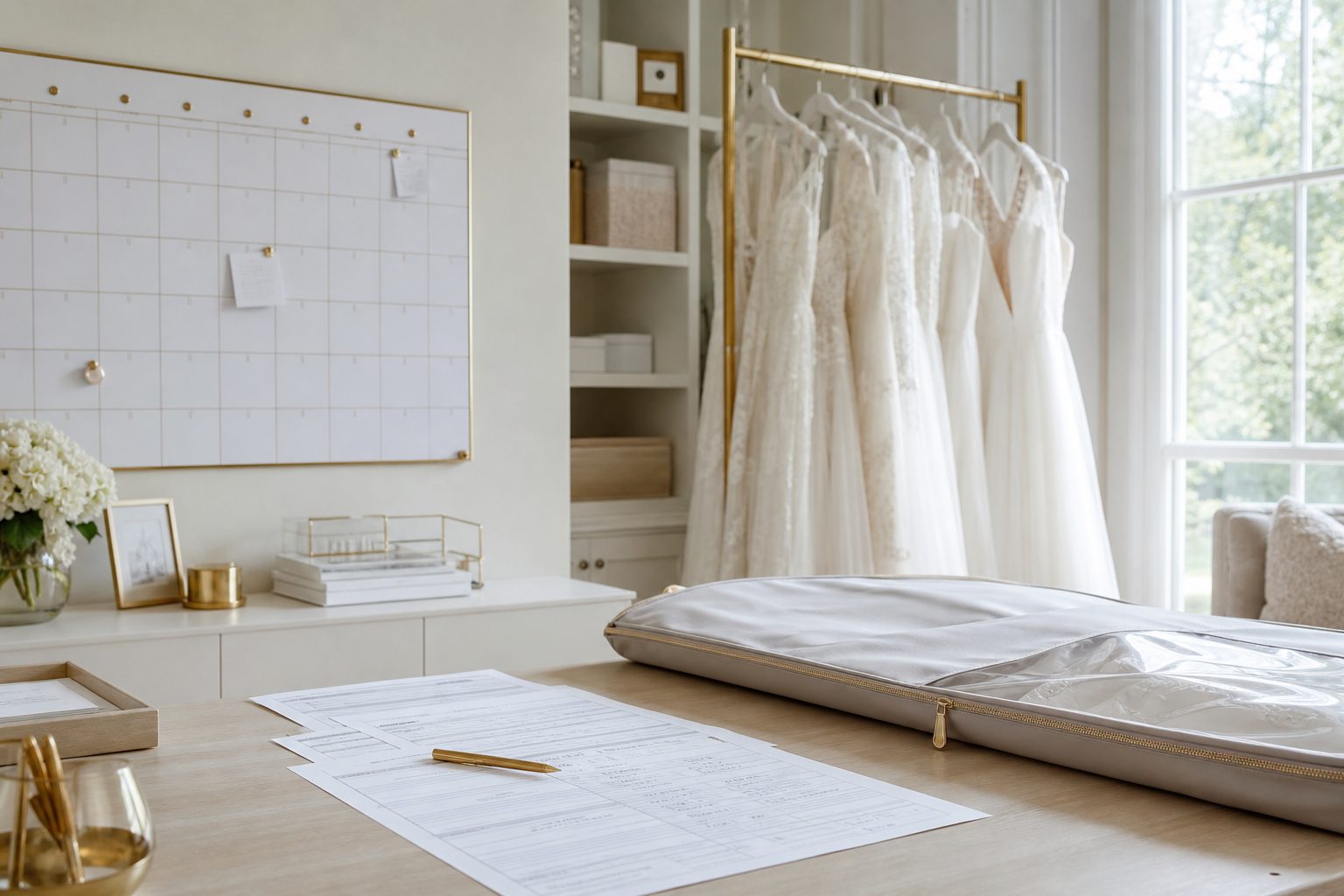 Bridal boutique order paperwork and a calendar on a pale table beside a garment bag in morning light