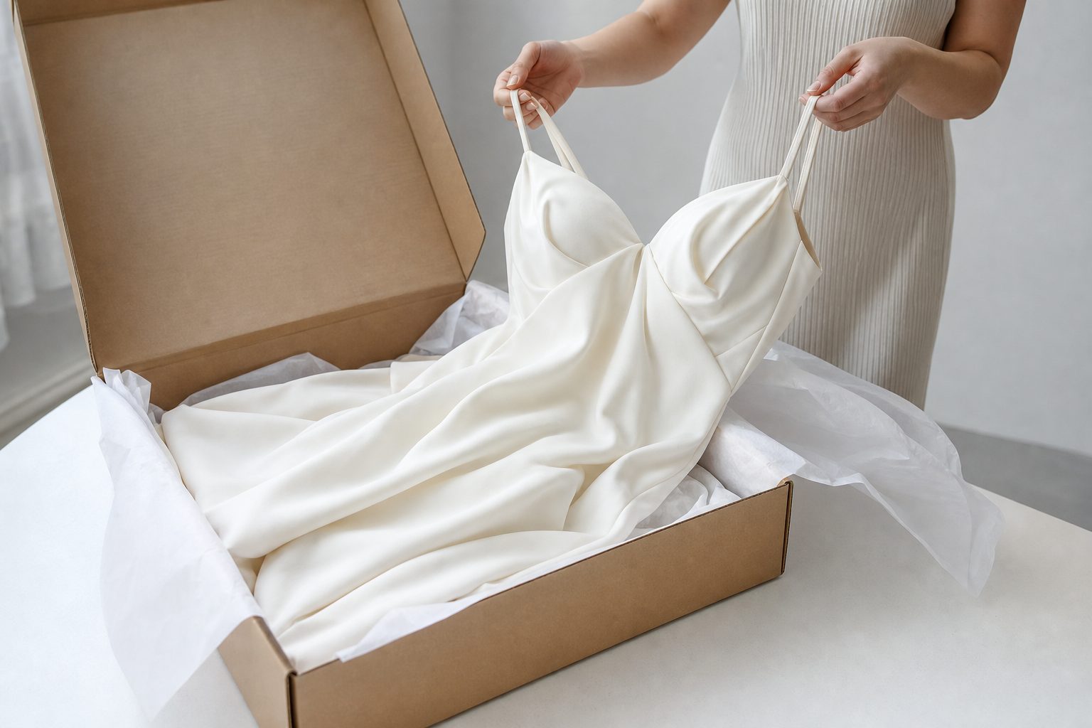 An ivory gown lifted from an open shipping box with tissue paper on a white worktable