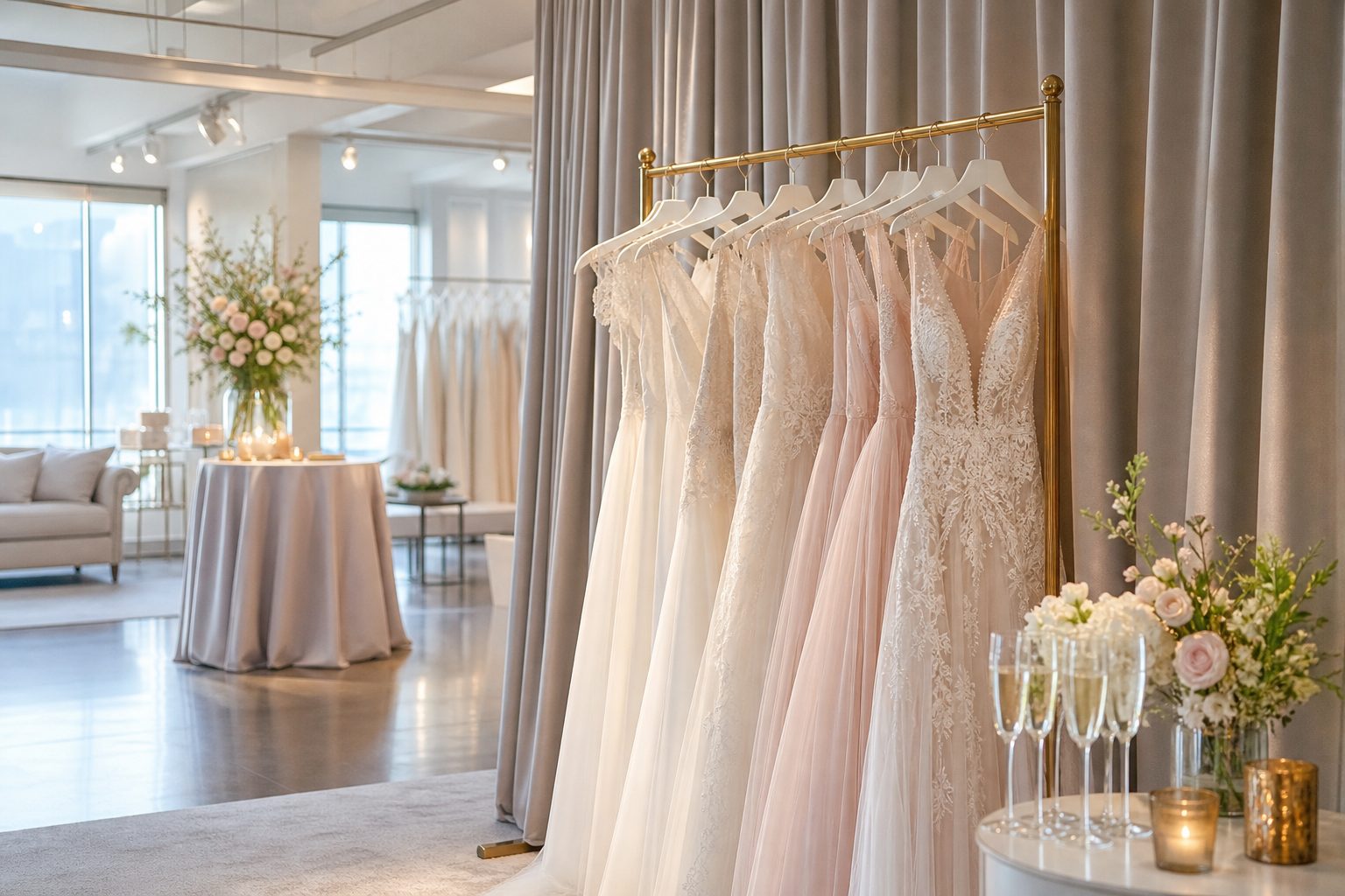 A bridal boutique floor set for a trunk show with a rack of ivory gowns and soft lighting