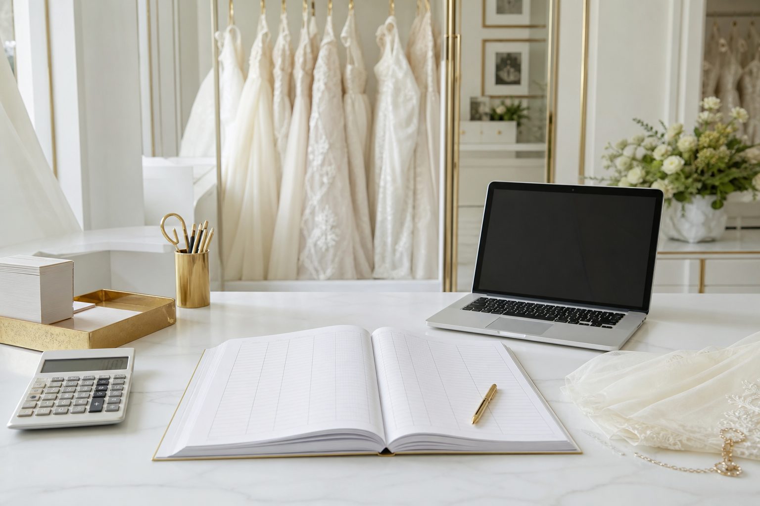 A boutique desk with a ledger, calculator and ivory tulle swatch in bright daylight