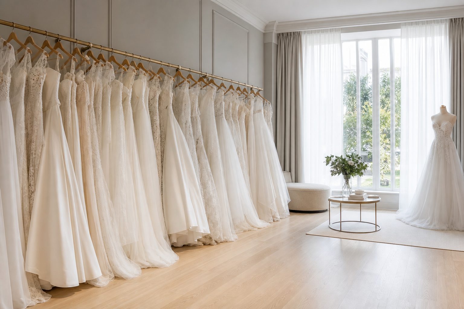 A bright bridal boutique interior with a long rail of ivory gowns beside a curtained window