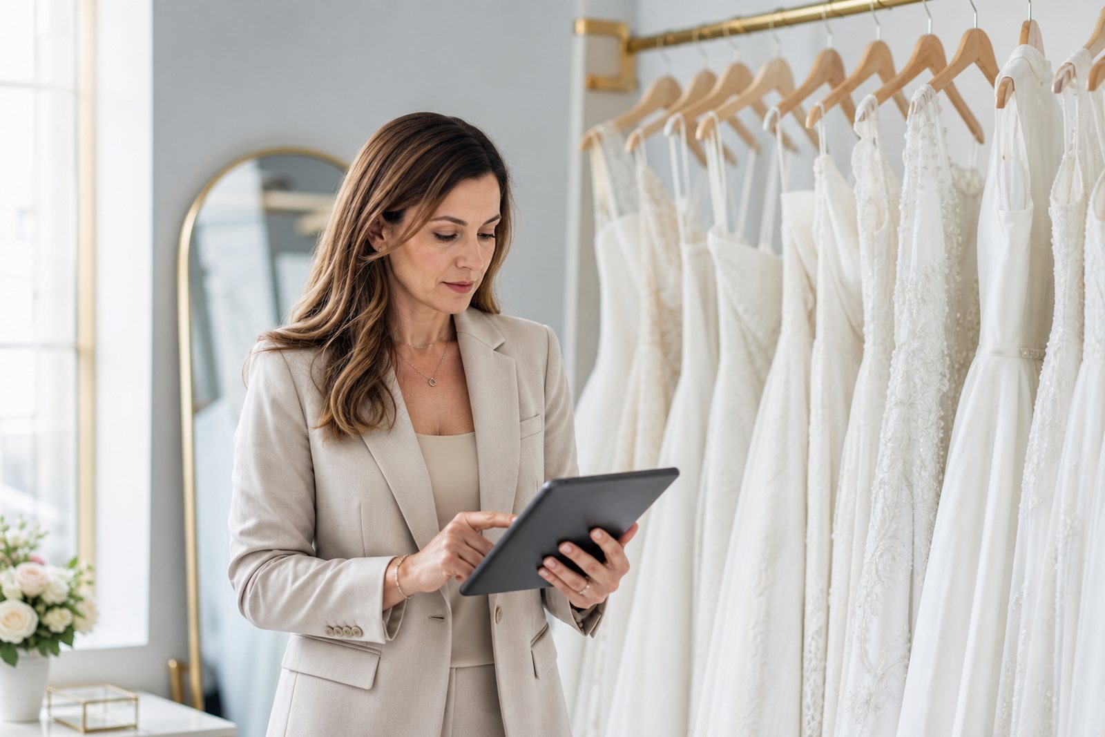 Bridal boutique owner reviewing an alterations schedule on a tablet beside a rack of white gowns in a bright atelier