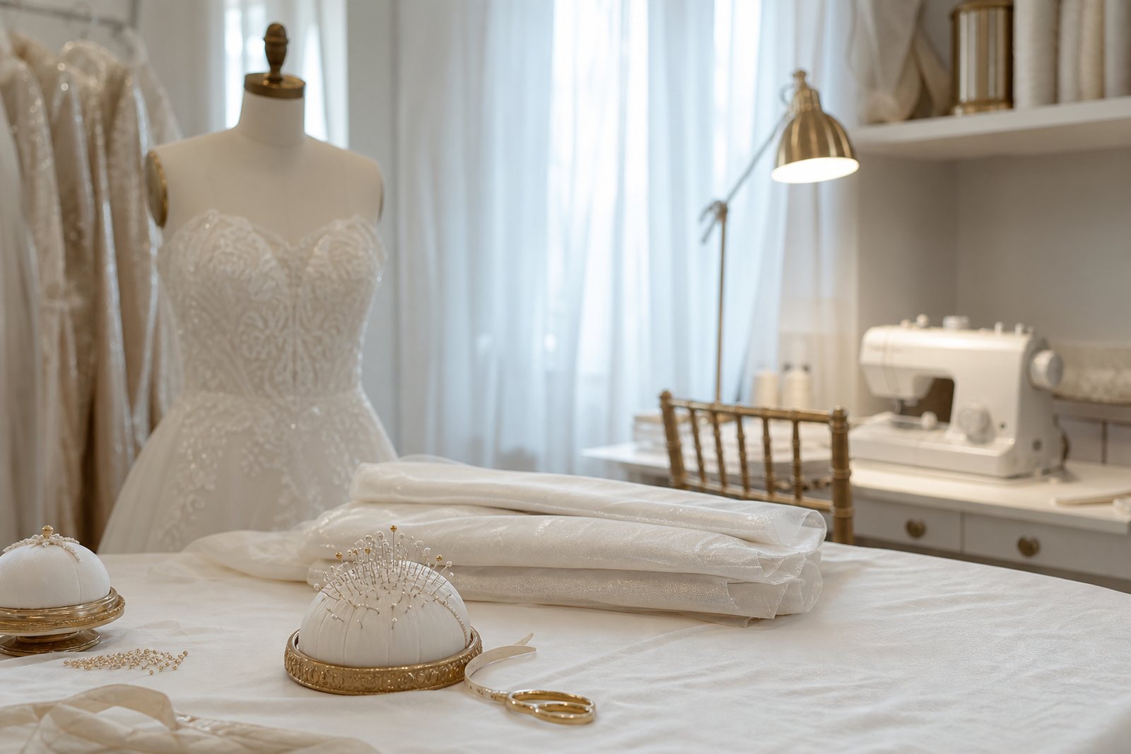 Bridal alterations workroom with a dress form, pin cushion, folded tulle and a sewing machine in soft daylight